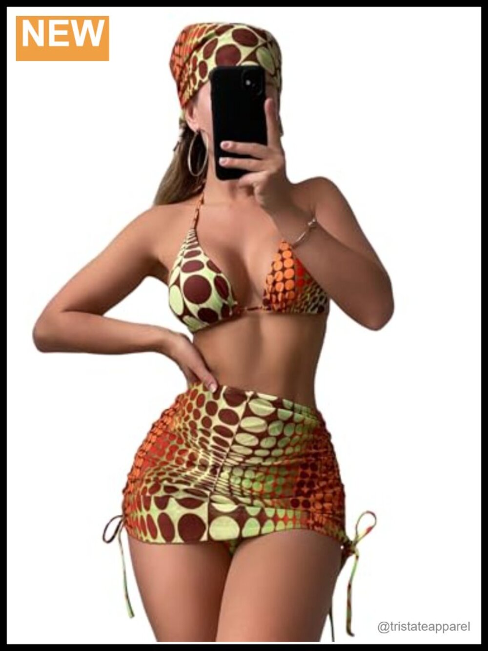 Women 4 Piece Polka Dots Bikini Set with Cover Up Skirt & Bandana